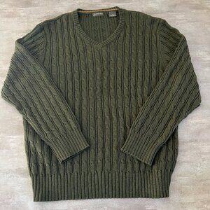 St Johns Bay mens XL dark green v neck cableknit sweater 100% cotton
